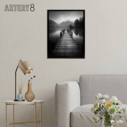 "Artery8 Lake Pier Mountain Landscape Photograph Framed Canvas Wall Art Print in Grey - Size: W12"" x H16""" - thumbnail 3