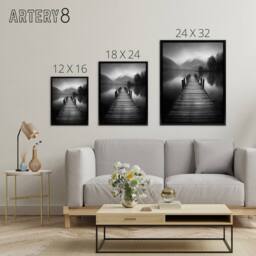 "Artery8 Lake Pier Mountain Landscape Photograph Framed Canvas Wall Art Print in Grey - Size: W12"" x H16""" - thumbnail 4