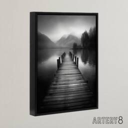 "Artery8 Lake Pier Mountain Landscape Photograph Framed Canvas Wall Art Print in Grey - Size: W12"" x H16""" - thumbnail 2