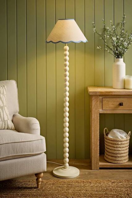 ValueLights Bobbin Colour Trim Linen Shade Cream Bobble Floor Lamp in Baby Blue - image 1