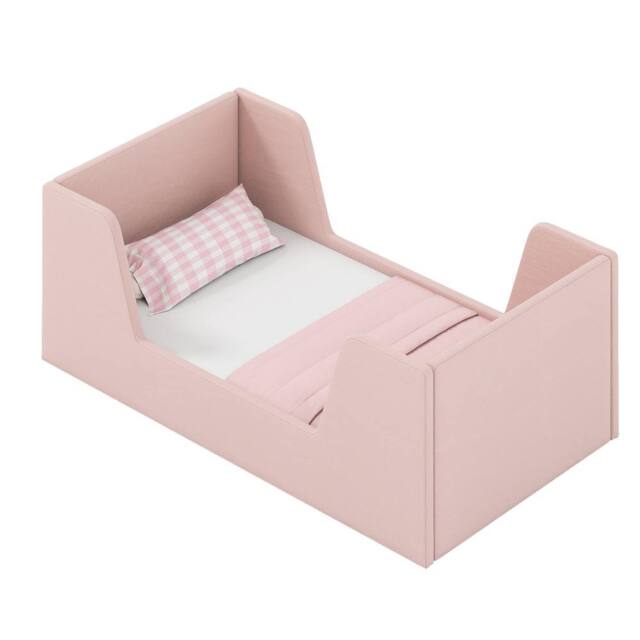 Costway Toddler Bed Frame Upholstered Kid Floor Bed w/Safety Rails & Headboard in Pink - image 1
