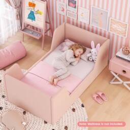 Costway Toddler Bed Frame Upholstered Kid Floor Bed w/Safety Rails & Headboard in Pink - thumbnail 6