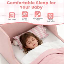 Costway Toddler Bed Frame Upholstered Kid Floor Bed w/Safety Rails & Headboard in Pink - thumbnail 8