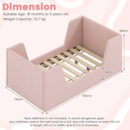 Costway Toddler Bed Frame Upholstered Kid Floor Bed w/Safety Rails & Headboard in Pink - thumbnail 2