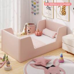 Costway Toddler Bed Frame Upholstered Kid Floor Bed w/Safety Rails & Headboard in Pink - thumbnail 5