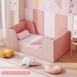 Costway Toddler Bed Frame Upholstered Kid Floor Bed w/Safety Rails & Headboard in Pink - thumbnail 4