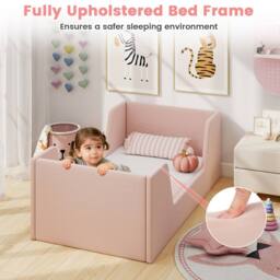 Costway Toddler Bed Frame Upholstered Kid Floor Bed w/Safety Rails & Headboard in Pink - thumbnail 9