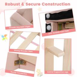 Costway Toddler Bed Frame Upholstered Kid Floor Bed w/Safety Rails & Headboard in Pink - thumbnail 7