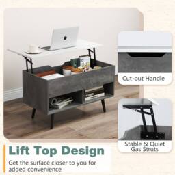 Costway Lift Top Coffee Table Modern Accent Table w/ Shelves Hidden Storage in Grey - thumbnail 8