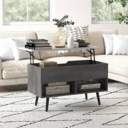 Costway Lift Top Coffee Table Modern Accent Table w/ Shelves Hidden Storage in Grey - thumbnail 1