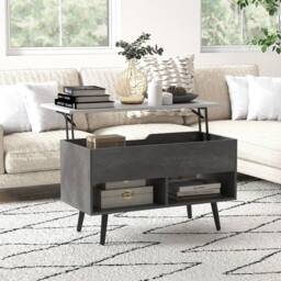 Costway Lift Top Coffee Table Modern Accent Table w/ Shelves Hidden Storage in Grey - thumbnail 2