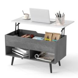 Costway Lift Top Coffee Table Modern Accent Table w/ Shelves Hidden Storage in Grey - thumbnail 4