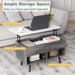Costway Lift Top Coffee Table Modern Accent Table w/ Shelves Hidden Storage in Grey - thumbnail 9