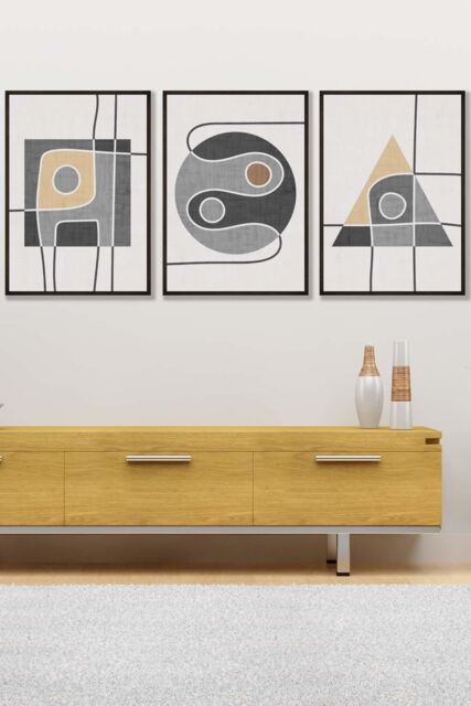 ARTZE Set of 3 Black Framed Mid Century Graphical Shapes in Grey & Yellow Wall Art - Size: W33 cm x H45 cm x D20mm - image 1