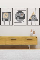 ARTZE Set of 3 Black Framed Mid Century Graphical Shapes in Grey & Yellow Wall Art - Size: W33 cm x H45 cm x D20mm - thumbnail 1