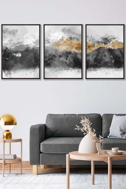 ARTZE Abstract Grey & Yellow Mountains Framed Wall Art - Large in Black - Size: W53 cm x H73 cm x D20mm - image 1