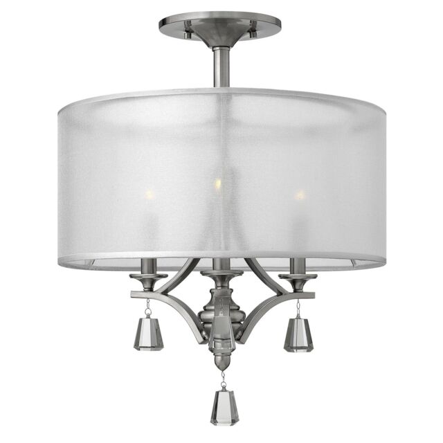 Loops 3 Bulb Semi Flush Light Crystal Accents Double Shades Nickel LED E14 60W in Metallics