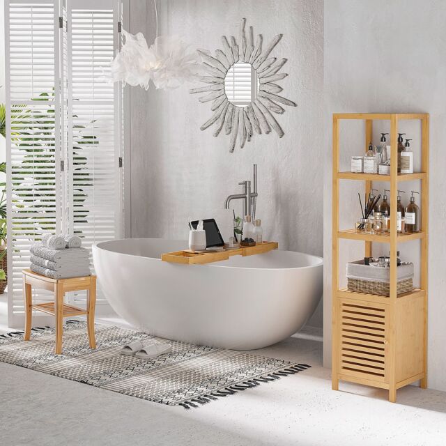 HOMCOM Extendable Bath Tub Bathroom Tray Bathtub Caddy Shelf Wine Holder Book in Light Brown - image 1