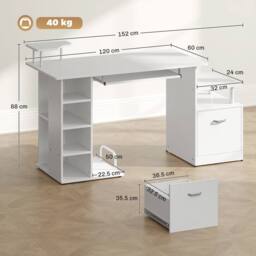 HOMCOM Wood Computer Desk Laptop Workstation Drawer Shelf for Home Office in White - thumbnail 3