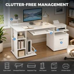 HOMCOM Wood Computer Desk Laptop Workstation Drawer Shelf for Home Office in White - thumbnail 4