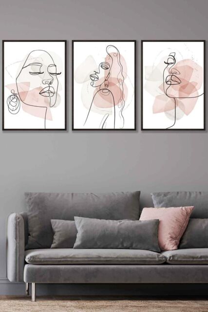 ARTZE Set of 3 Black Framed One Line Abstract Fashion Faces in Pink & Ivory Wall Art in Light Pink - Size: W33 cm x H45 cm x D20mm - image 1