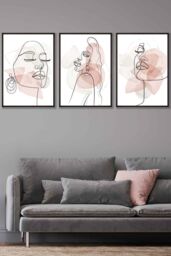 ARTZE Set of 3 Black Framed One Line Abstract Fashion Faces in Pink & Ivory Wall Art in Light Pink - Size: W33 cm x H45 cm x D20mm