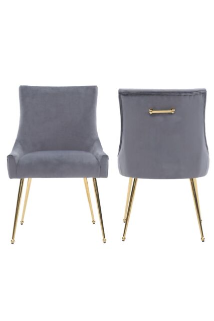 Life Interiors Set of 2 Viviana Velvet Dining Chairs with Gold Legs & Ring Handle in Grey - image 1