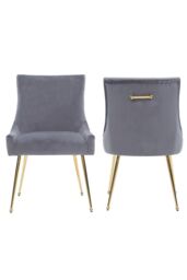 Life Interiors Set of 2 Viviana Velvet Dining Chairs with Gold Legs & Ring Handle in Grey