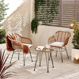 FurnitureboxUK Belize Wicker Style PE Rattan 2 Seat Outdoor Garden Bistro Table & Chairs Set, black metal hairpin legs in Light Beige - thumbnail 2