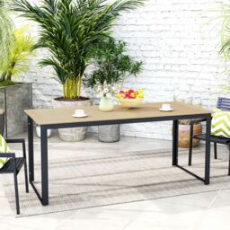 OUTSUNNY Garden Dining Table for 6 People with Slatted Table Top Metal Frame in Light Brown - thumbnail 1