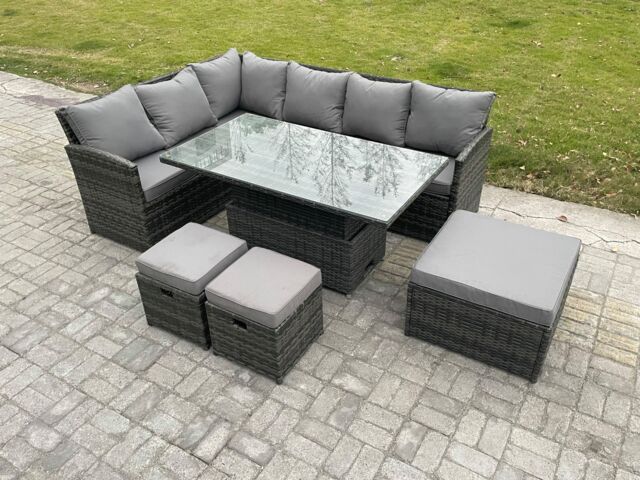 Fimous Wicker PE Outdoor Rattan Garden Furniture Set Height Adjustable Rising Lifting Table Sofa Dining Set with 3 Footstools Dark Grey Mixed - image 1
