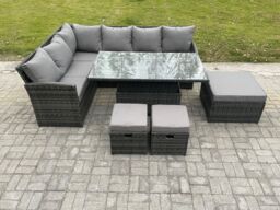 Fimous Wicker PE Outdoor Rattan Garden Furniture Set Height Adjustable Rising Lifting Table Sofa Dining Set with 3 Footstools Dark Grey Mixed - thumbnail 2