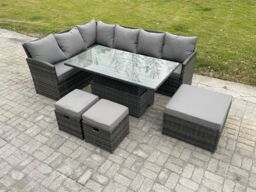 Fimous Wicker PE Outdoor Rattan Garden Furniture Set Height Adjustable Rising Lifting Table Sofa Dining Set with 3 Footstools Dark Grey Mixed - thumbnail 1