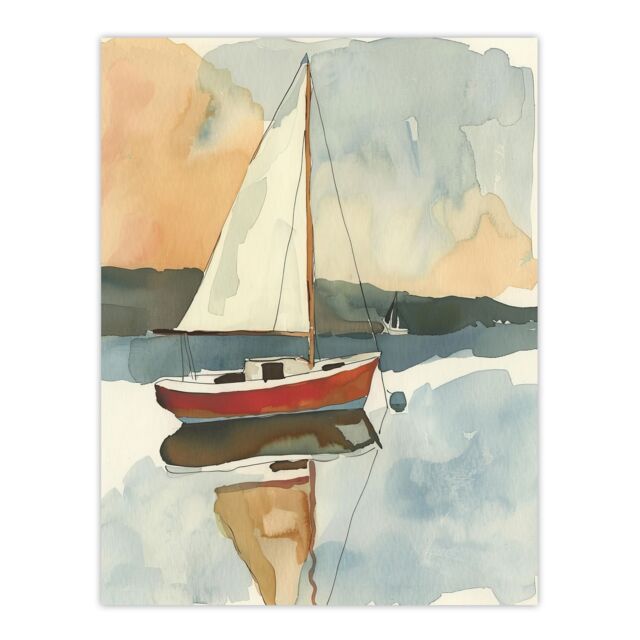 "Artery8 Red Sailboat in Tranquil Sea Harbour Watercolour Wall Art Print in Blue - Size: W18"" x H24""" - image 1