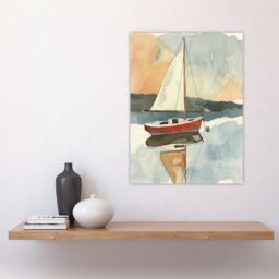 "Artery8 Red Sailboat in Tranquil Sea Harbour Watercolour Wall Art Print in Blue - Size: W18"" x H24""" - thumbnail 4
