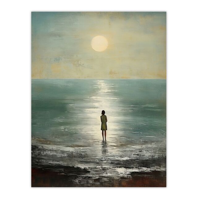 Artery8 Looking Out To Sea Oil Painting Alone At The Water Shore Moonlit Beach Seascape Extra Large XL Unframed Wall Art Poster Print - image 1