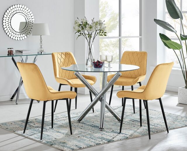 FurnitureboxUK Selina Round Glass Chrome Leg Dining Table & Pesaro Black Leg Chairs in Mustard - Size: 4 Person - image 1
