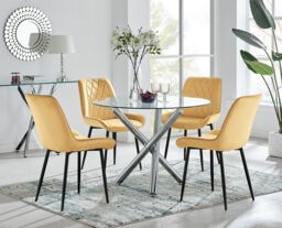 FurnitureboxUK Selina Round Glass Chrome Leg Dining Table & Pesaro Black Leg Chairs in Mustard - Size: 4 Person