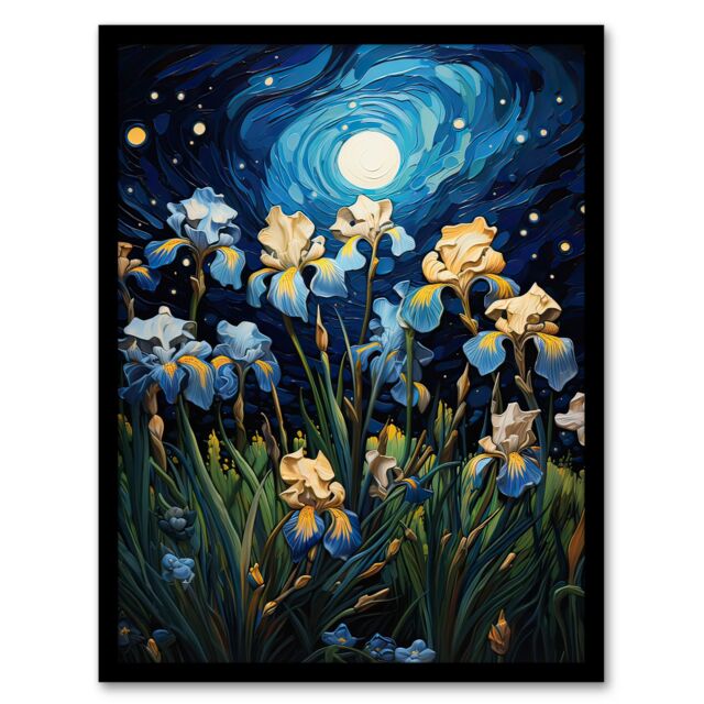Artery8 Wall Art Print Ethereal Iris Flower Meadow Blooms Moonlight Framed Picture in Blue - Size: A4 - image 1