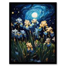 Artery8 Wall Art Print Ethereal Iris Flower Meadow Blooms Moonlight Framed Picture in Blue - Size: A4 - thumbnail 1