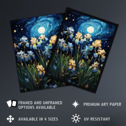 Artery8 Wall Art Print Ethereal Iris Flower Meadow Blooms Moonlight Framed Picture in Blue - Size: A4 - thumbnail 2