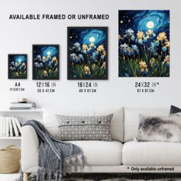 Artery8 Wall Art Print Ethereal Iris Flower Meadow Blooms Moonlight Framed Picture in Blue - Size: A4 - thumbnail 3