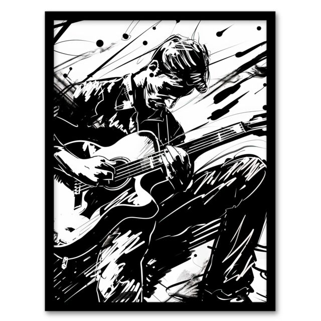 Artery8 Guitarist Playing Guitar Black White Ink Drawing Framed Art Print - Size: A4 - image 1