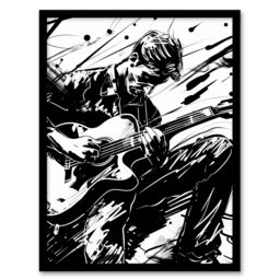 Artery8 Guitarist Playing Guitar Black White Ink Drawing Framed Art Print - Size: A4 - thumbnail 1