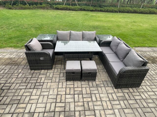 Fimous Outdoor Rattan Garden Furniture Set Oblong Dining Table & Chairs Set with 3 Seater Sofa Small Footstools Side Tables Dark Grey Mixed - image 1