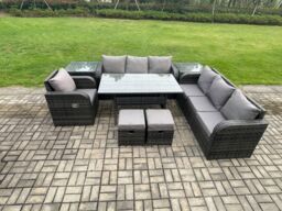 Fimous Outdoor Rattan Garden Furniture Set Oblong Dining Table & Chairs Set with 3 Seater Sofa Small Footstools Side Tables Dark Grey Mixed - thumbnail 1