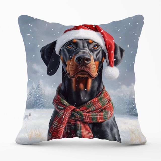 Warren Reed - Designer Snowy Christmas Doberman Cushion in Black - Size: 45 cm x 45 cm - image 1