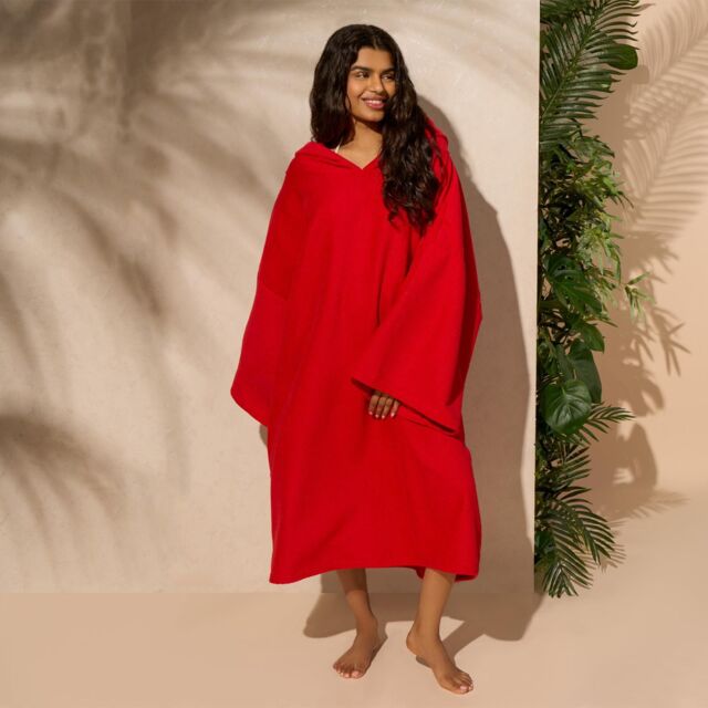 OHS Women's Poncho Oversized Hooded Towel Bath Beach Robe in Red - image 1