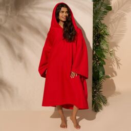 OHS Women's Poncho Oversized Hooded Towel Bath Beach Robe in Red - thumbnail 2
