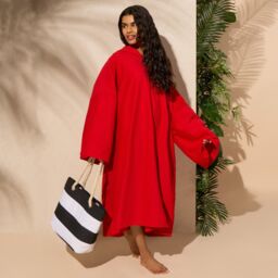 OHS Women's Poncho Oversized Hooded Towel Bath Beach Robe in Red - thumbnail 5